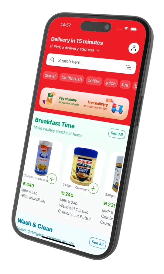 The Pasal.com app showing grocery categories and products for delivery in Pokhara